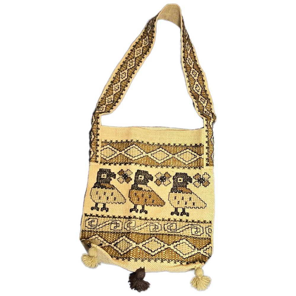 Condevilla Peru Handmade Woven Burlap Crossbody Bag Bird Embroidery Tassels Tan